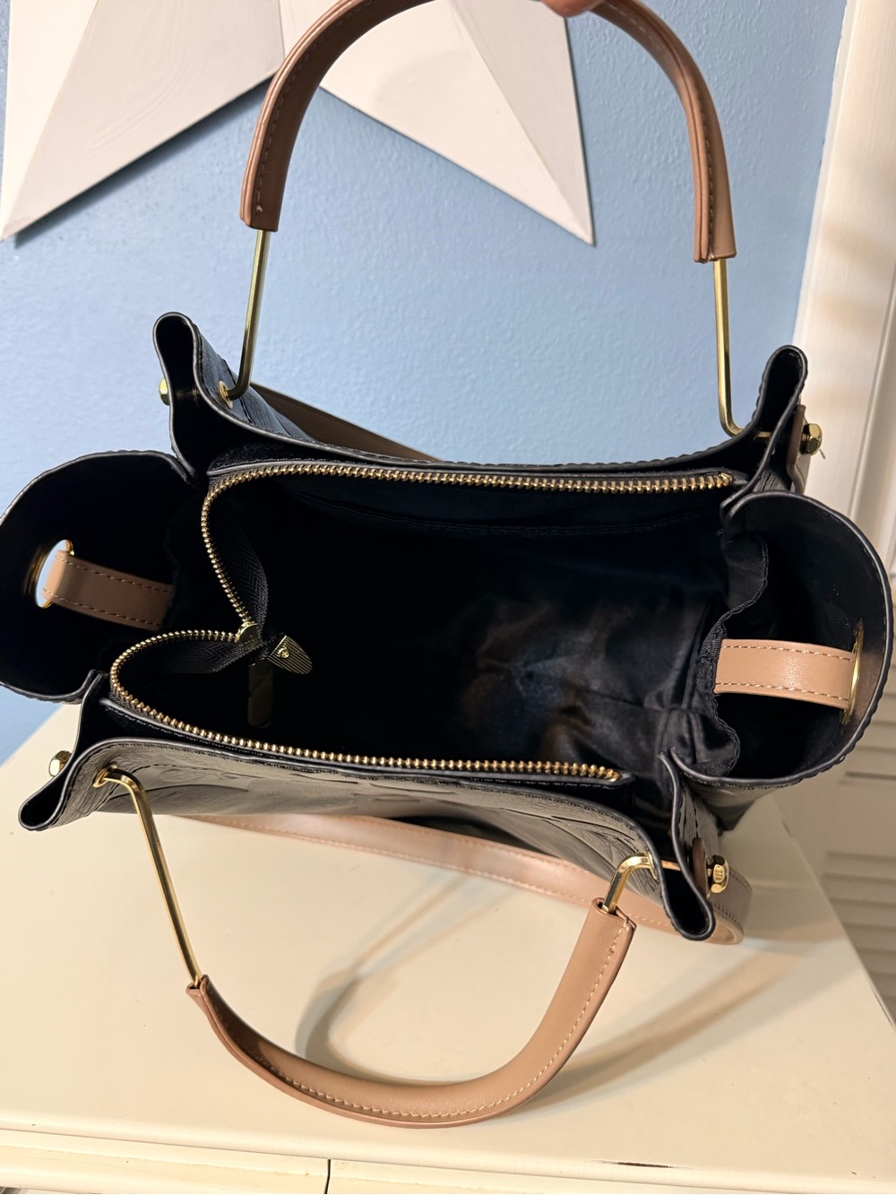 Black Embossed Tote with Tan Top Handles - Picture 4 of 4